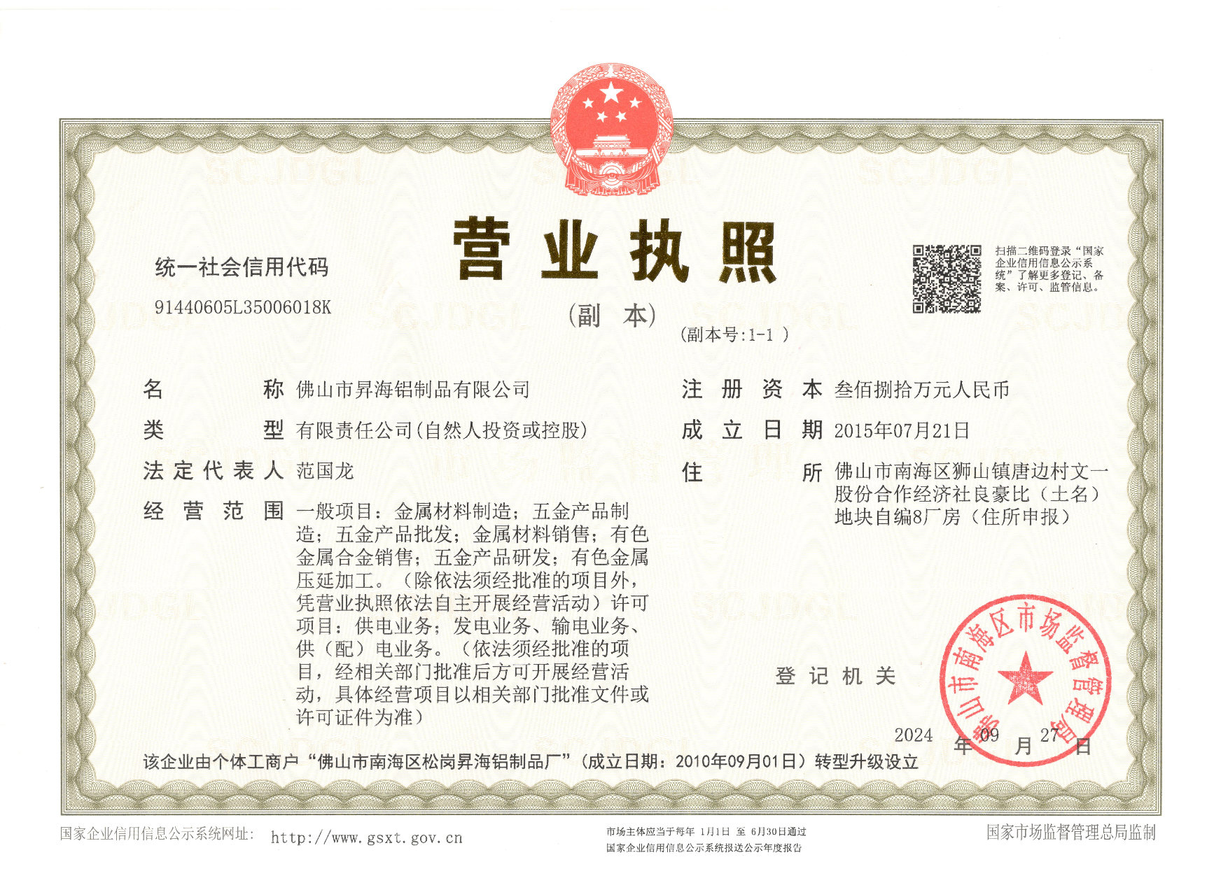 Business License - Foshan SHENGHAI ALUMINUM Co., Ltd.