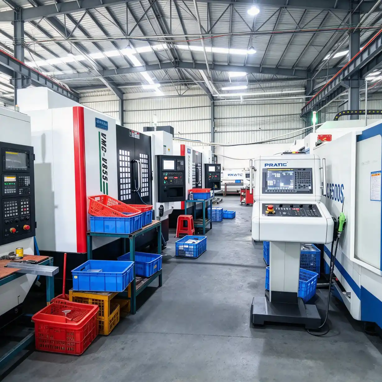 Aluminum fabrication workshop featuring VMC-V855 Vertical Machining Centers and PRATIC profile CNC machines