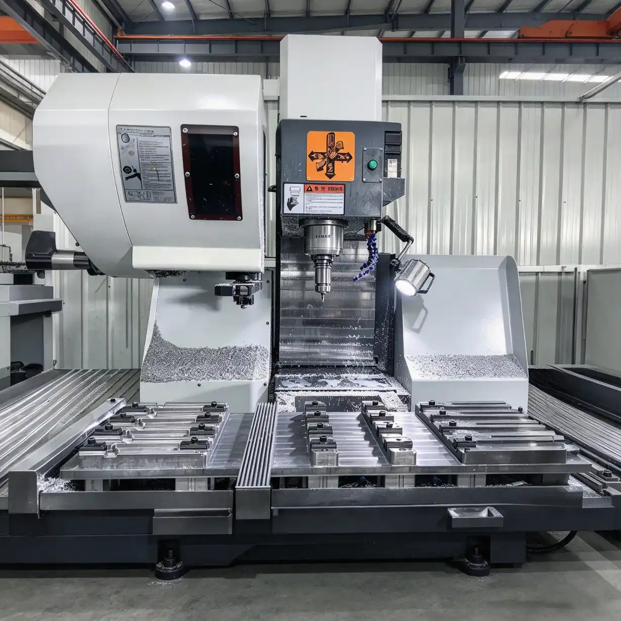 High-speed CNC spindle milling aluminum profile with metal chips on the worktable