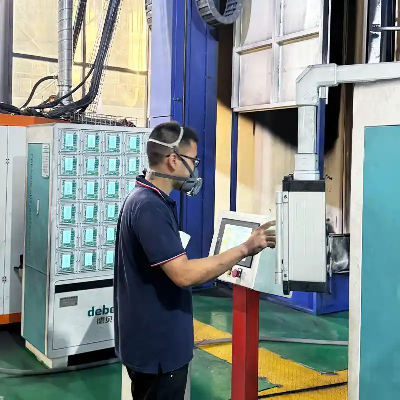 Technician with safety mask operating the control panel of an automated aluminum surface treatment facility.
