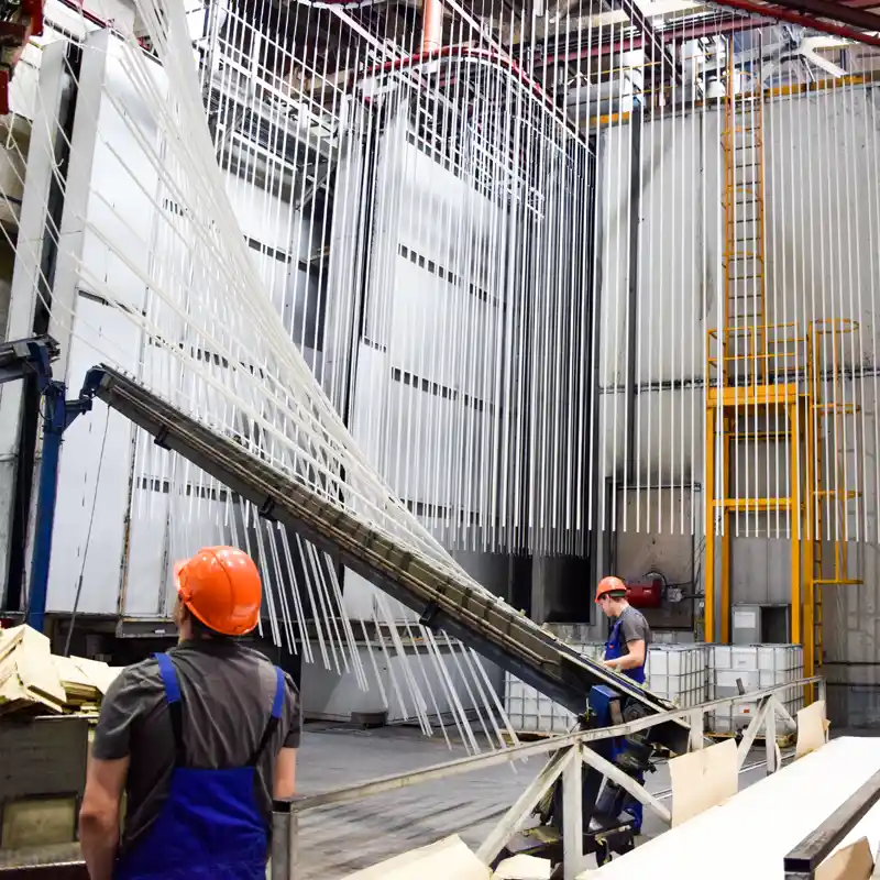 Workers operating a large vertical anodizing line for premium surface treatment of long aluminum profiles.