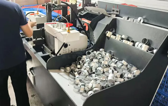 Precision CNC sawing and mass production of custom aluminum hardware components at SH-ALUMINUM facility.